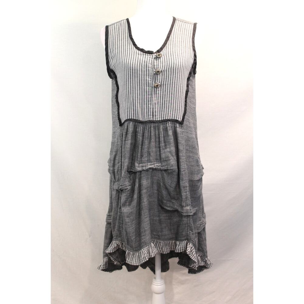 Bodil Lagenlook Dress Womens size M Gray Pinstripe Buttons Ruffle Trim Pullover